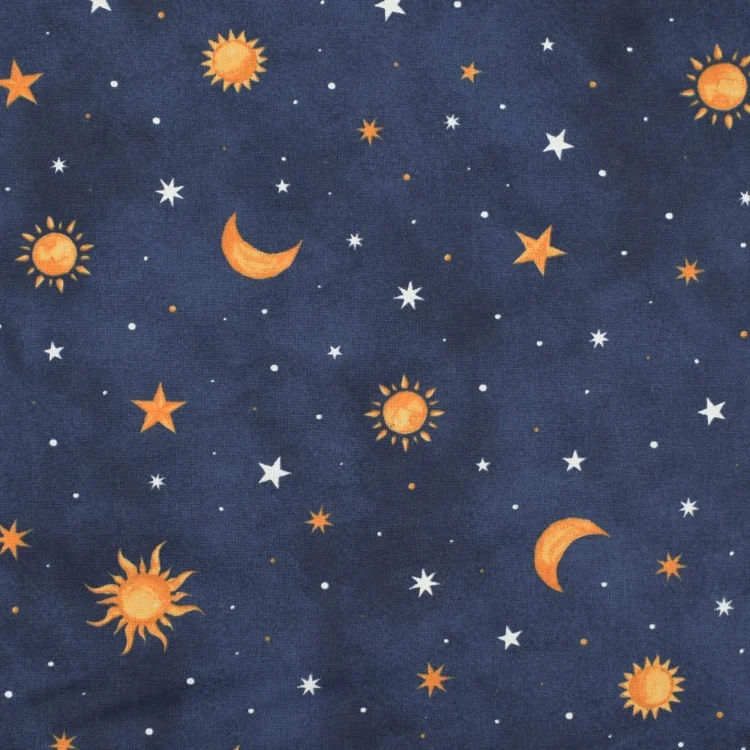 Dekostoff Halbpanama Glow in the Dark Sonne, Mond und Sterne, dunkelblau
