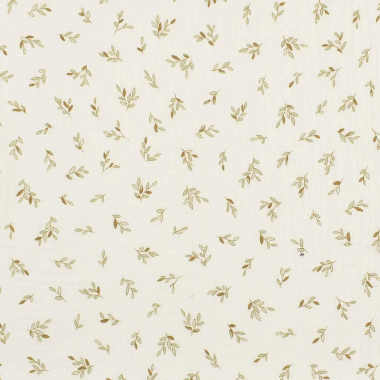 Musselin Double Gauze Small Leaves, wollweiss