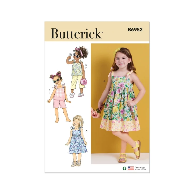 Schnittmuster Butterick 6952 Kleinkinder Oberteil, Kleid und Shorts, Gr. 1/2 - 4 Jahre