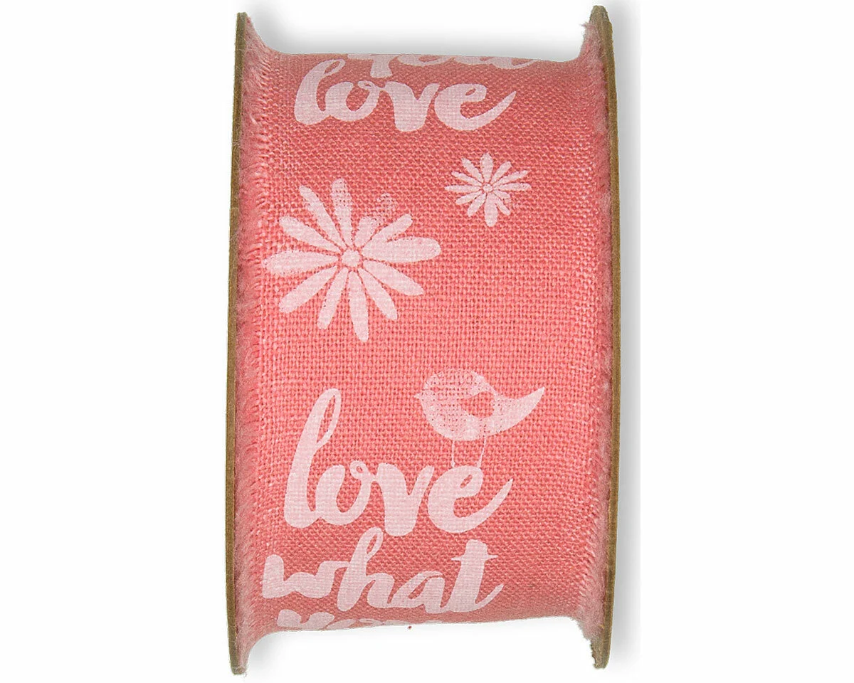 3 m Baumwoll-Leinenband LOVE WHAT YOU DO, Spruch, 40 mm, lachsrosa