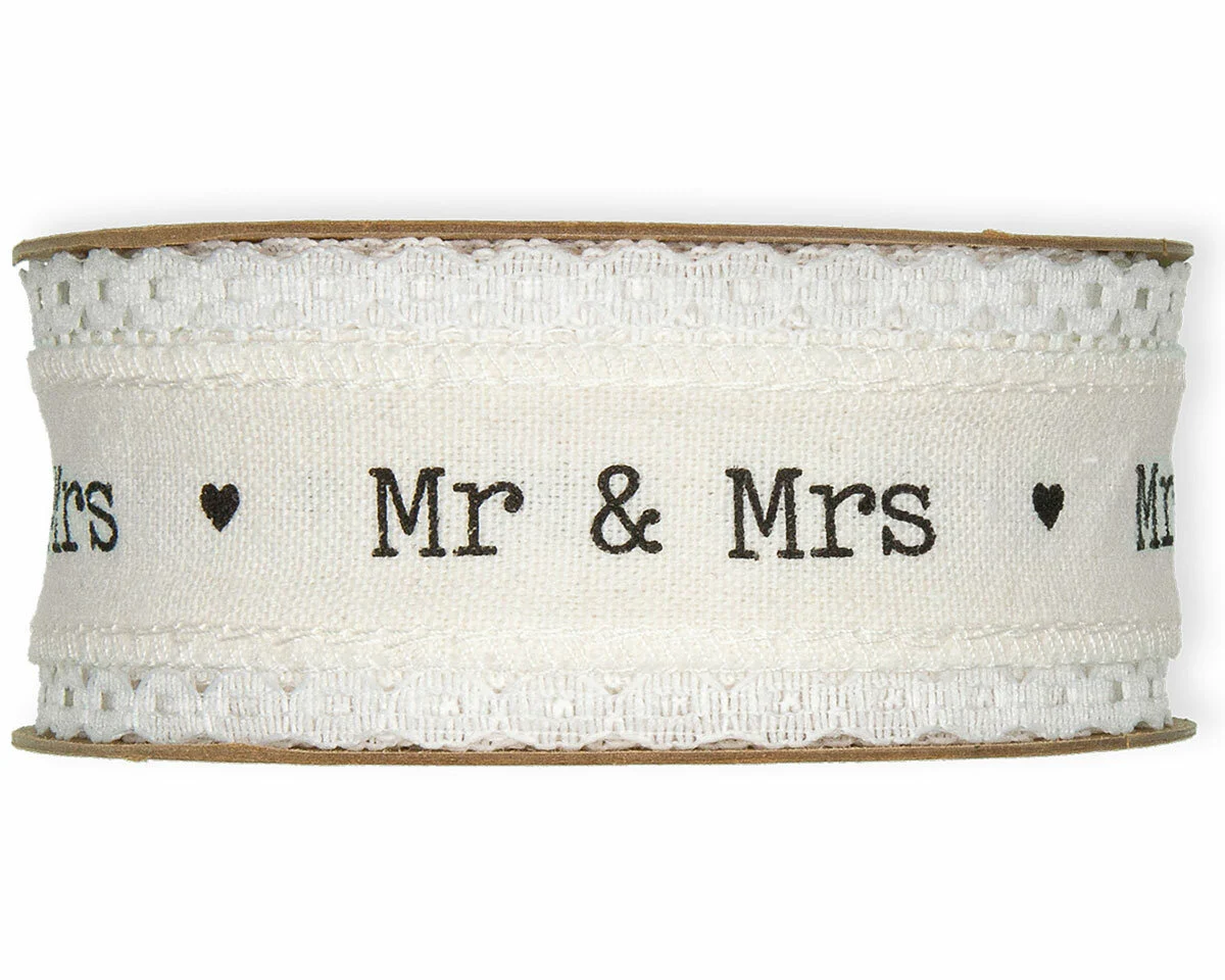 5 m Leinen-Baumwollband MR & MRS mit Spitzenabschluss, 40 mm, wollweiß