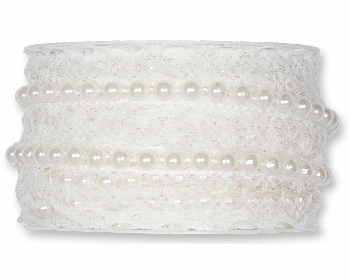 5 m Perlen-Spitzenband PEARL, 45 mm, wollweiß