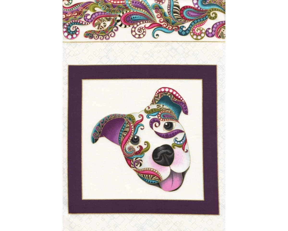 60-cm-Metallic-Patchworkstoff DOG ON IT, Hundebilder, weiß-gold, Ann Lauer