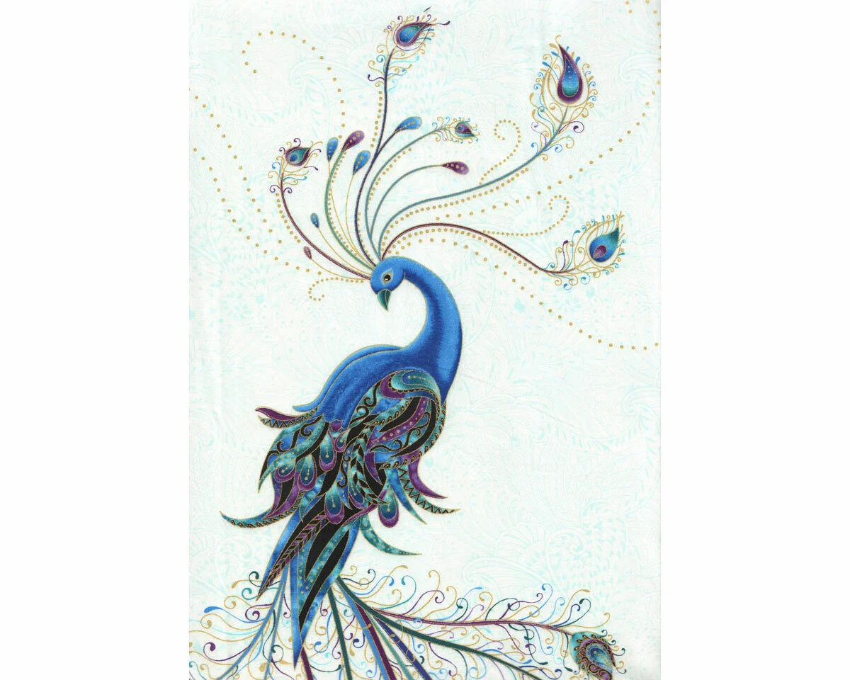 60-cm-Panel Metallic-Patchworkstoff PEACOCK FLOURISH, Pfau, weiß, Ann Lauer