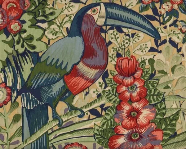 60-cm-Rapport Patchworkstoff BRAZILIA mit Tukan im Blüten-Dschungel, gedecktes dunkelblau-olivegrün
