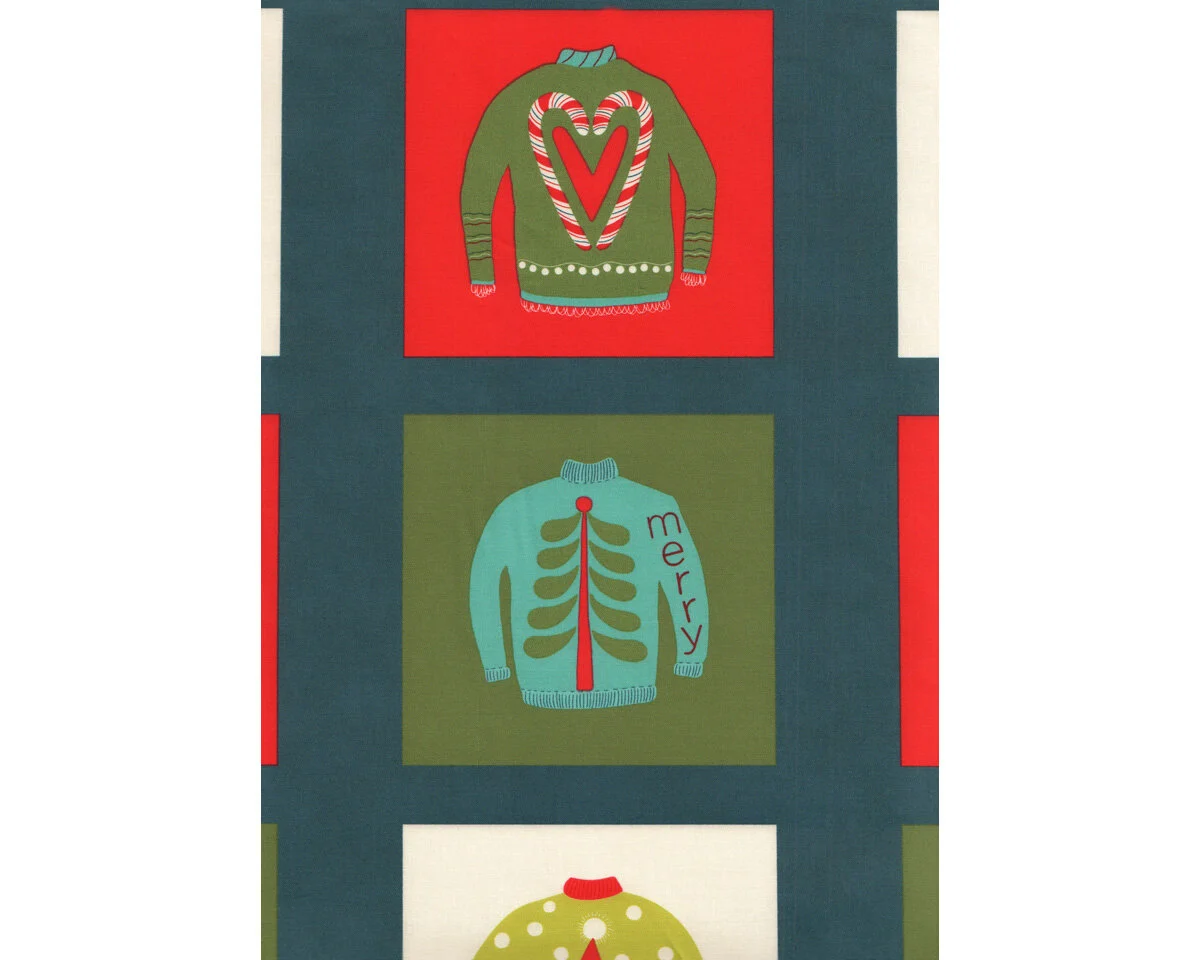 60-cm-Rapport Patchworkstoff EAT, DRINK & BE UGLY, Weihnachtspullover, stumpfes dunkelblau-rot, Moda Fabrics