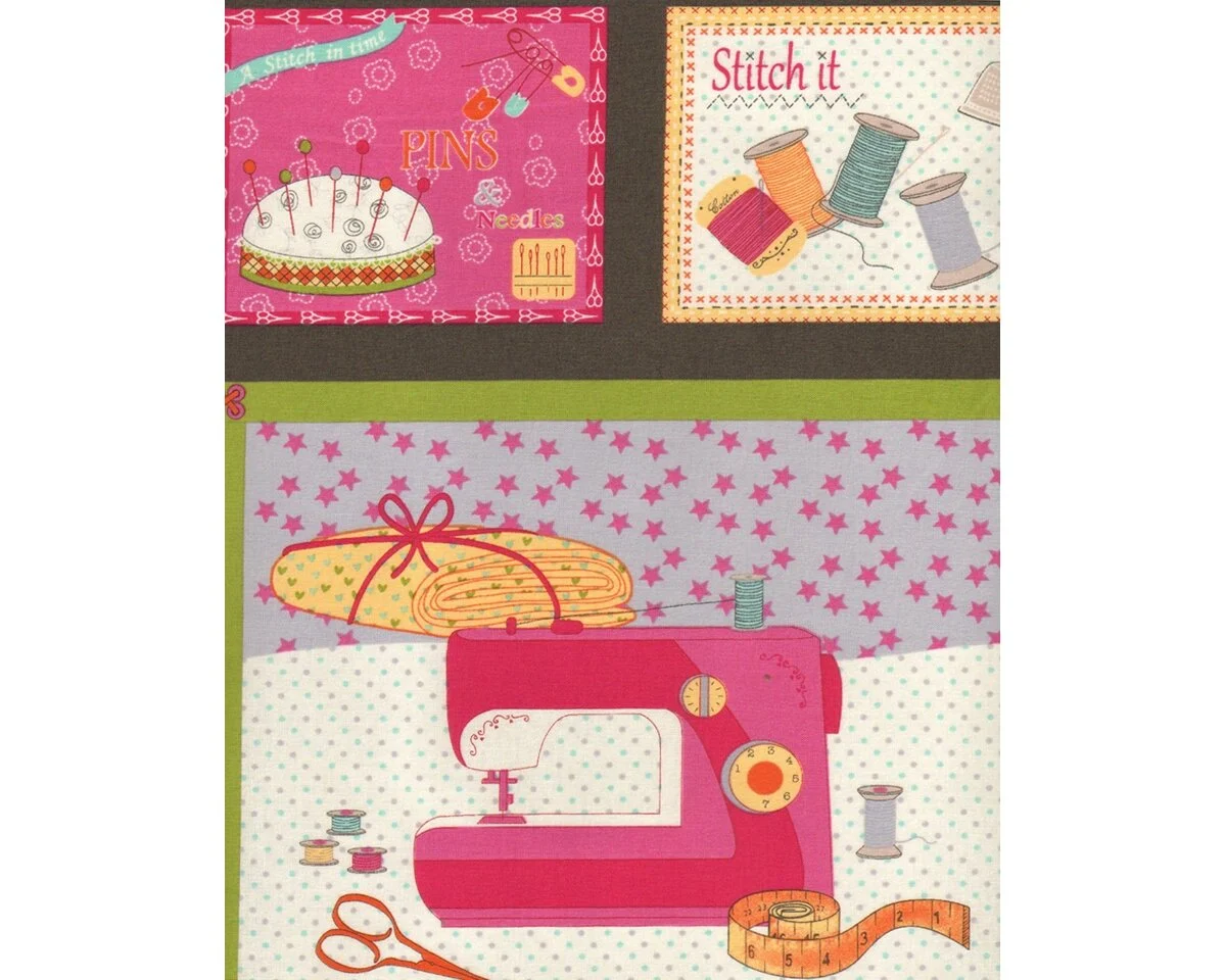 60-cm-Rapport Patchworkstoff HAND MADE STYLE, Retro-Nähzubehör, dunkles olivgrau-fuchsia