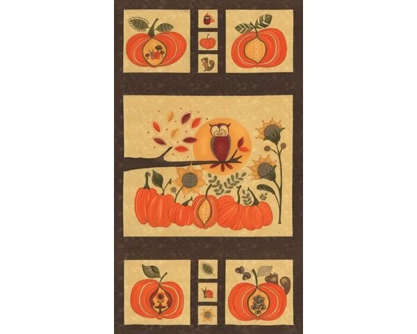 60-cm-Rapport, Patchworkstoff HELLO FALL, Panel mit Kürbis und Eule, orange-braun, Moda Fabrics