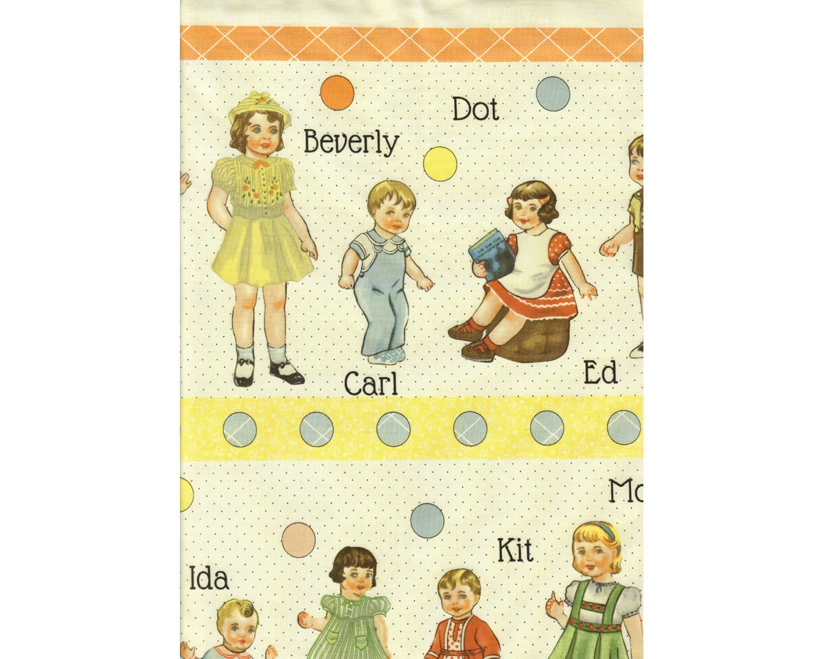 60-cm-Rapport Patchworkstoff HOP SKIP AND A JUMP, Puppenkinder, aprikot-pastellgelb, Moda Fabrics