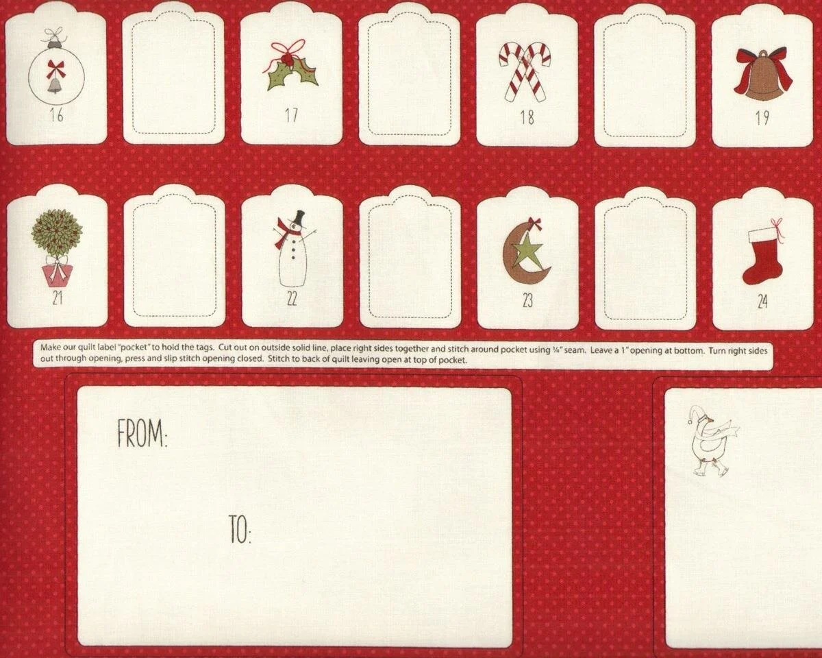 60-cm-Rapport Patchworkstoff MISTLETOE LANE, Anhänger für Adventskalender, dunkelrot-wollweiß, Moda Fabrics