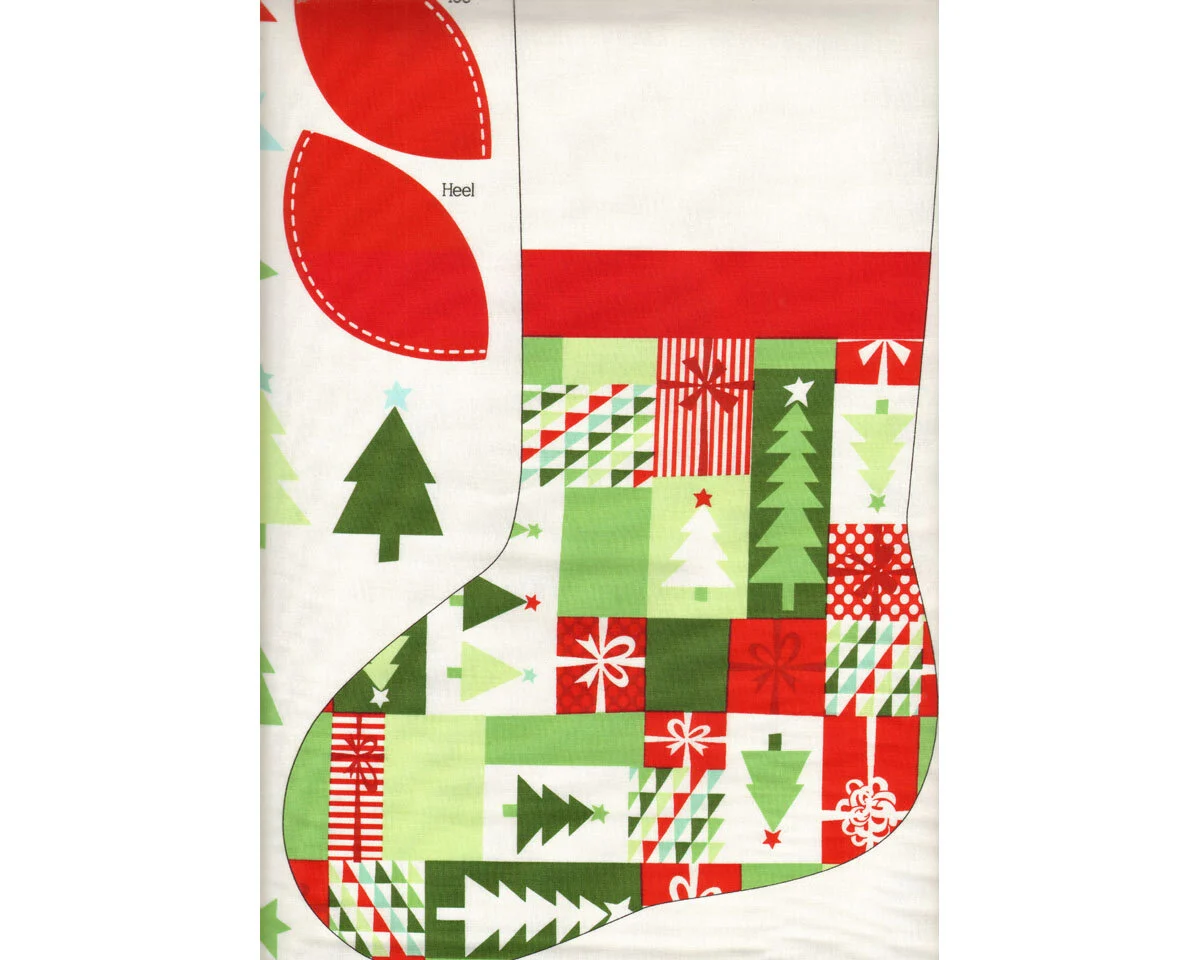 90-cm-Rapport Patchworkstoff JINGLE, Nikolaus-Strumpf, rot-maigrün, Moda Fabrics