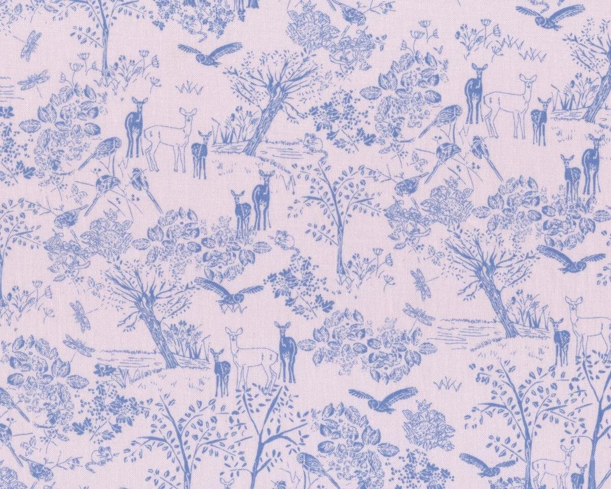 B-Ware Bio-Patchworkstoff DEER IN THE FORREST, Landschaft mit Rehen, hellrosa-taubenblau, Jane Makower