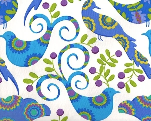 B-Ware Patchworkstoff PILLOW & MAXFIELD mit geblümten Vögeln, mittelblau-limette