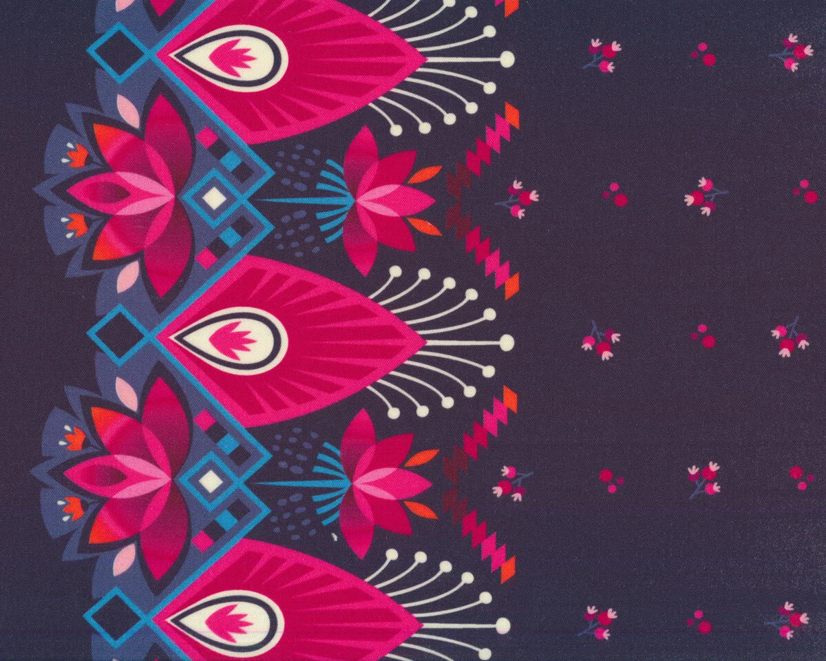 B-Ware Viskosestoff Tencel ™ Twill DINNER PARTY, Blütenbordüre, pink, Albstoffe