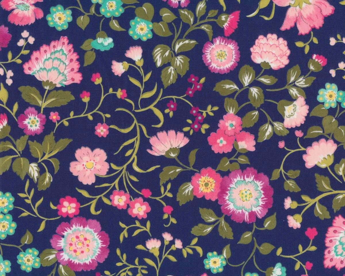 Batist REGENT STREET LAWNS, Blütenranken, dunkelblau-olivgrün, Moda Fabrics