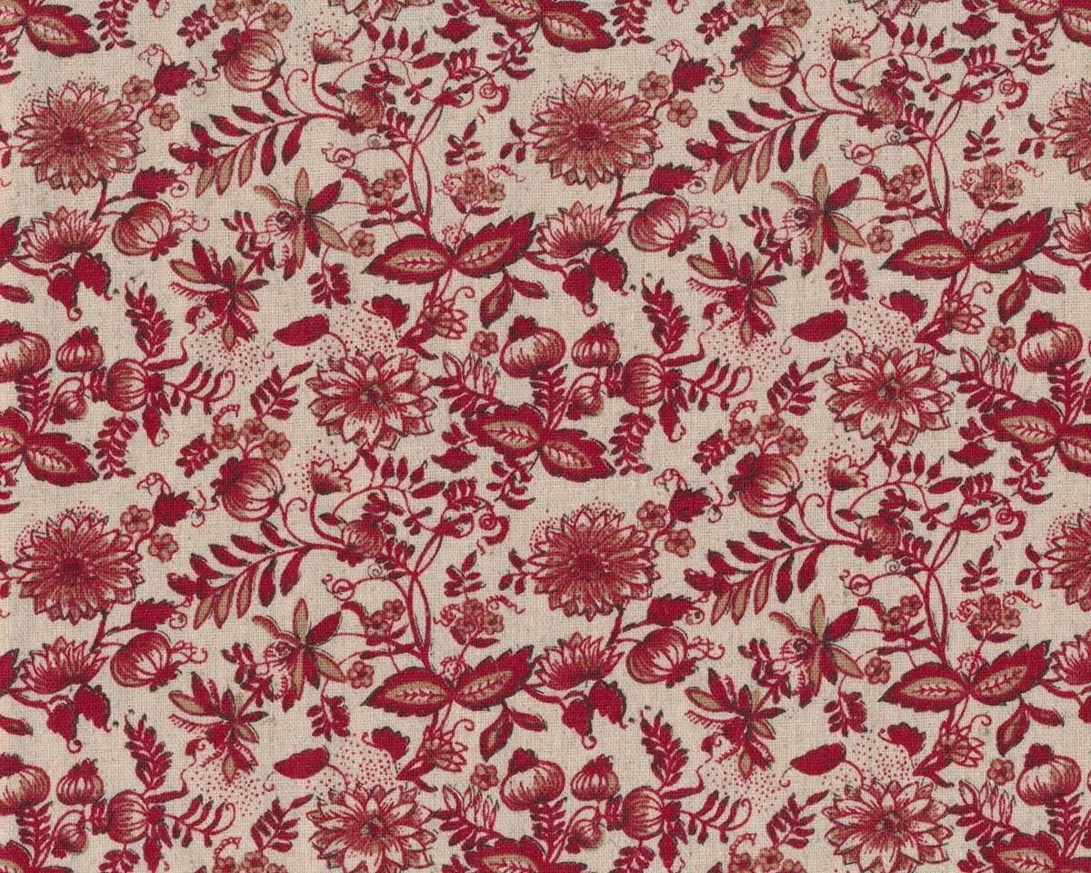 Baumwoll-Leinen-Patchworkstoff BON VOYAGE, Lampion-Blüten-Zweige, natur dunkel-dunkelrot, Moda Fabrics