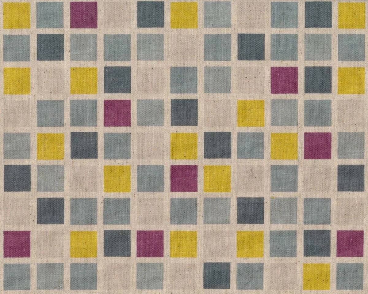 Baumwoll-Leinen-Patchworkstoff CHIC NEUTRALS LINEN, Quadrat-Mosaik, natur-grau-senfgelb, Moda Fabrics