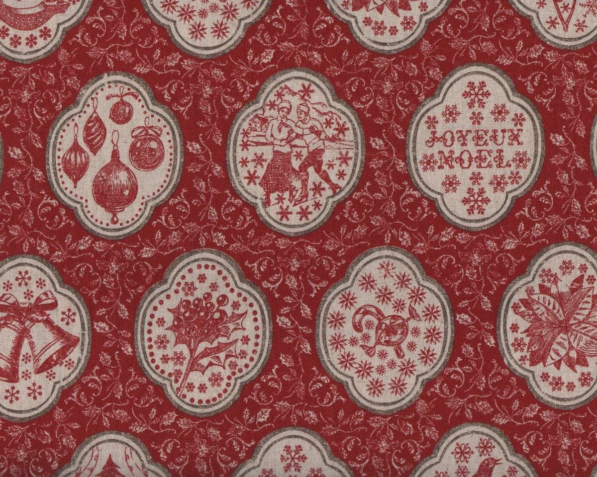 Baumwoll-Leinen-Patchworkstoff JOYEUX NOEL LINEN, Weihnachtsmedaillons, dunkelrot-natur, Moda Fabrics