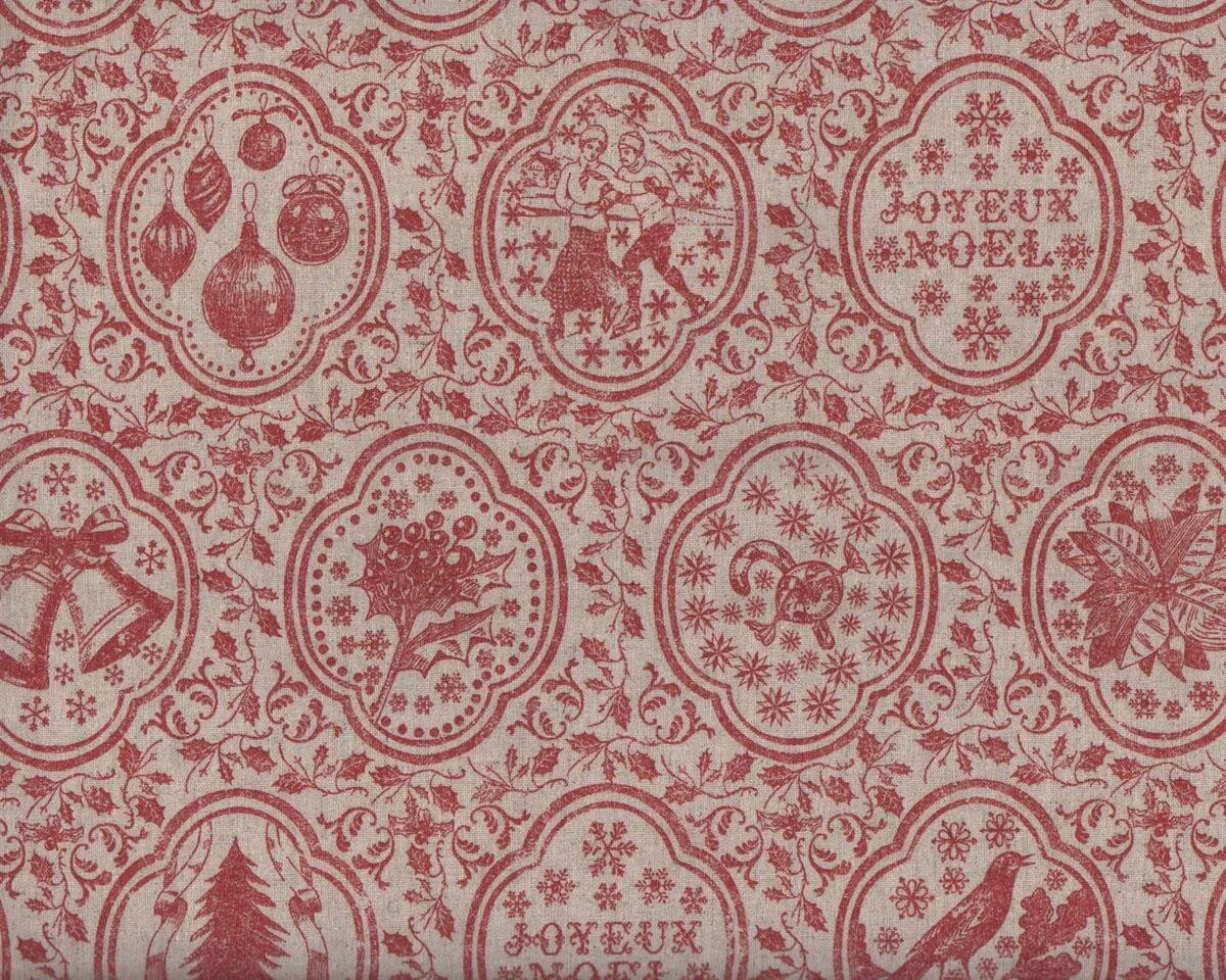 Baumwoll-Leinen-Patchworkstoff JOYEUX NOEL LINEN, Weihnachtsmedaillons, natur-helles pastellrot, Moda Fabrics
