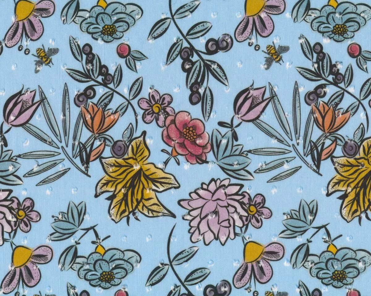 Baumwollbatist PEACE, Blüten und Noppen, hellblau, Cherry Picking