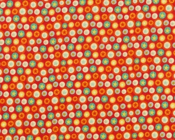 Baumwollflanell STARS mit Sterne-Kreisen, hellrot-orange-helles petrol