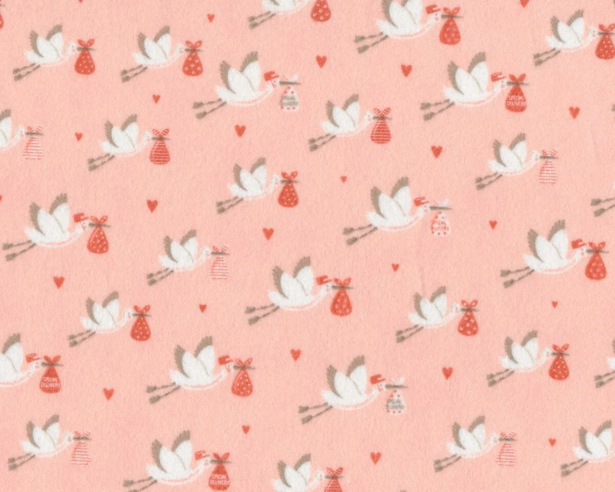 Baumwollflanell SWEET BABY, Storch mit Gepäck, helles lachsrosa-weiß, Moda Fabrics