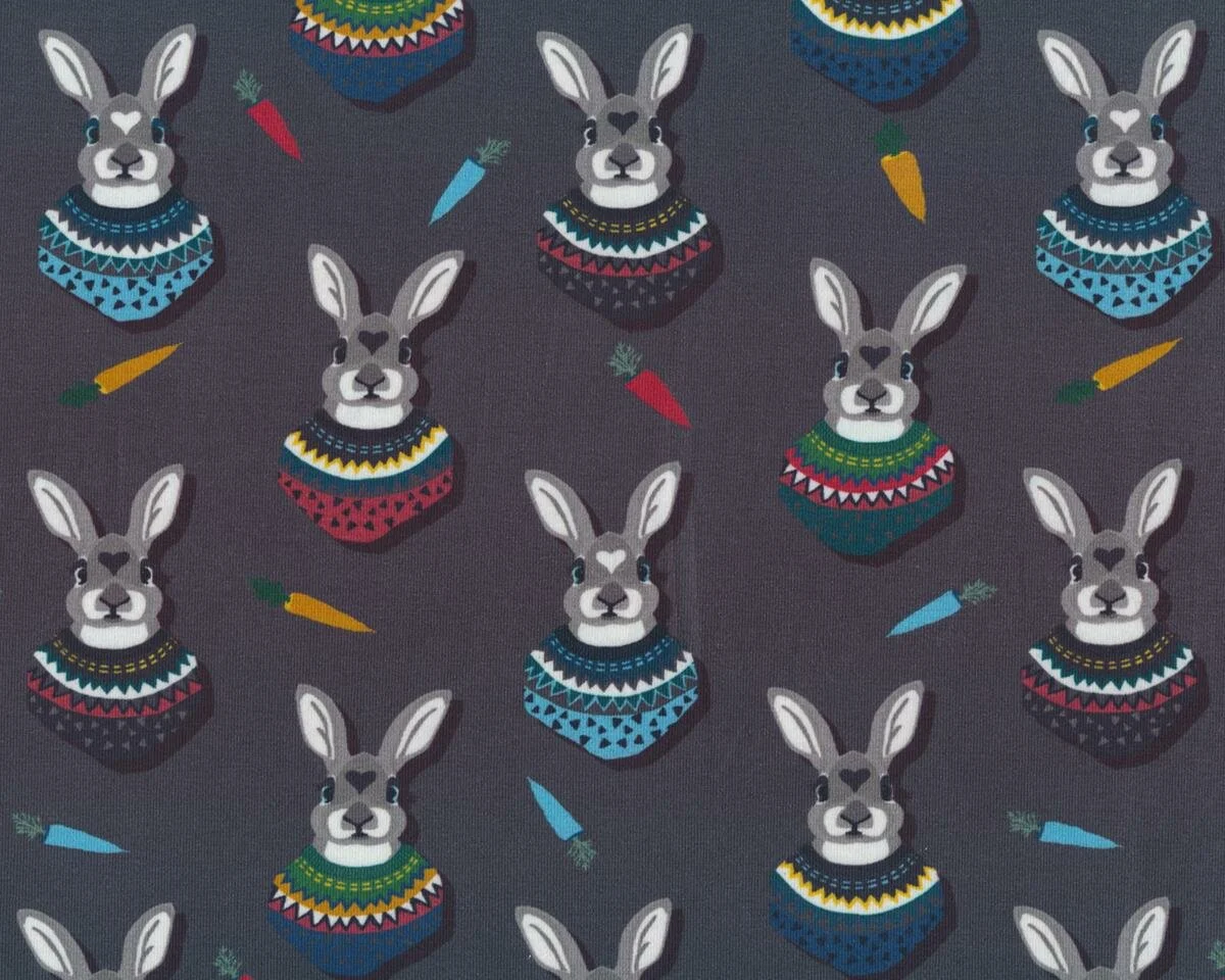 Baumwolljersey AUTUMN BUNNY, Hasen mit Pullover, dunkelgrau-grau