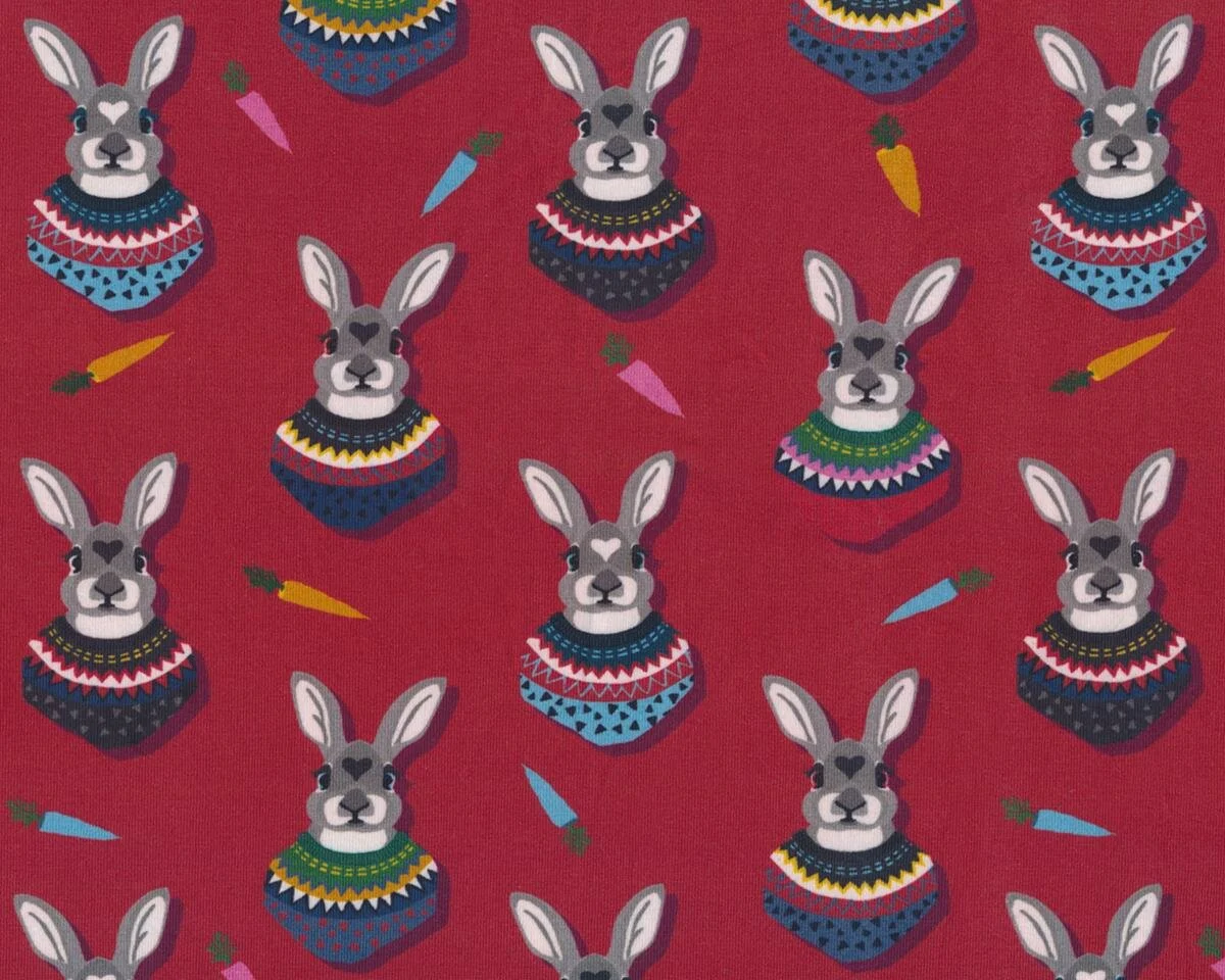 Baumwolljersey AUTUMN BUNNY, Hasen mit Pullover, dunkelrot-grau