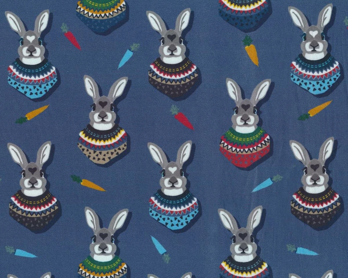 Baumwolljersey AUTUMN BUNNY, Hasen mit Pullover, dunkles taubenblau-grau