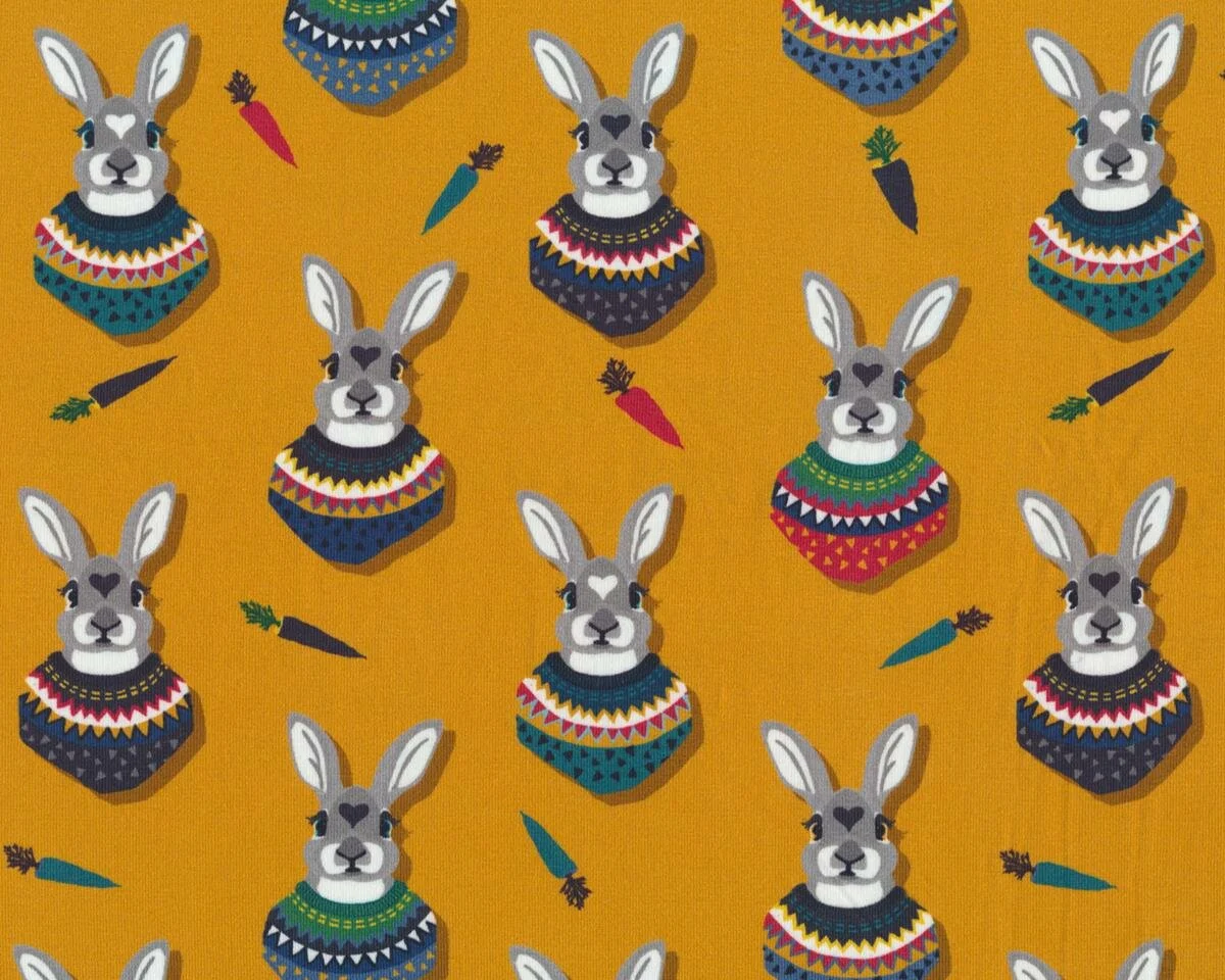 Baumwolljersey AUTUMN BUNNY, Hasen mit Pullover, goldbraun-grau