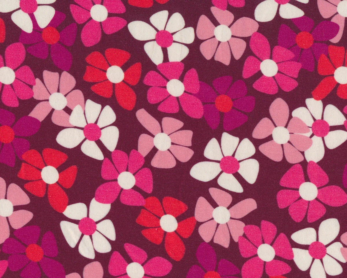 Baumwolljersey AVALANA NOSTALGIO, Retro-Blumen, pink