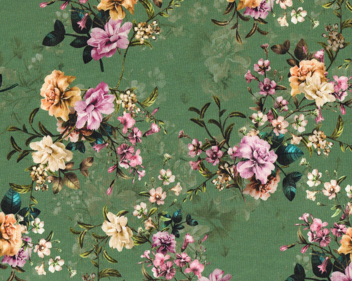 Baumwolljersey FLOWERS, Blumenranken, helles moosgrün