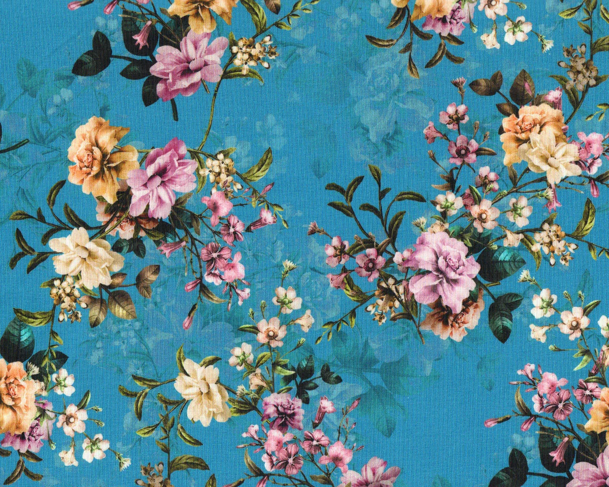 Baumwolljersey FLOWERS, Blumenranken, petrolblau