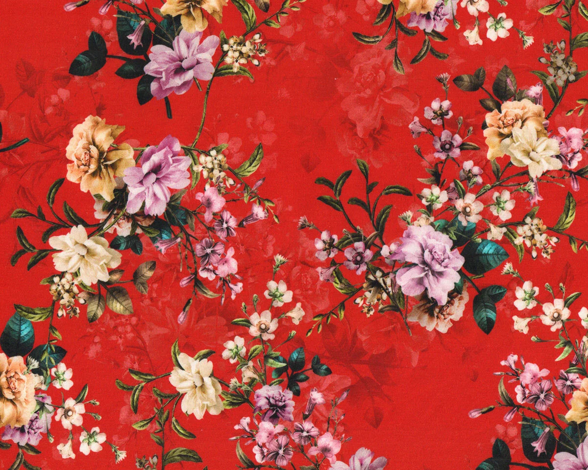 Baumwolljersey FLOWERS, Blumenranken, rot