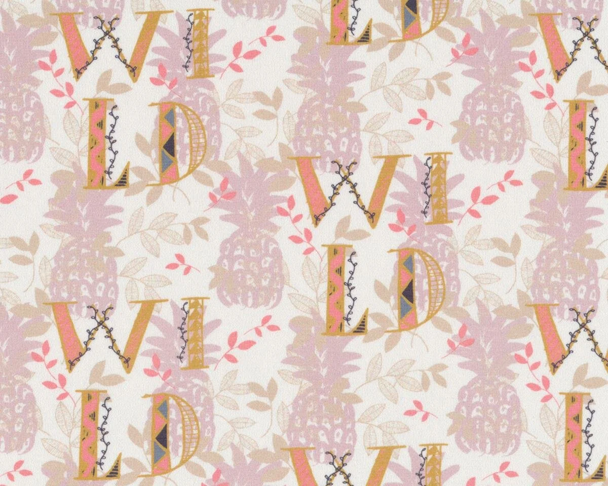 Baumwolljersey GOBI WILD, Schrift und Ananas, creme-hellrosa