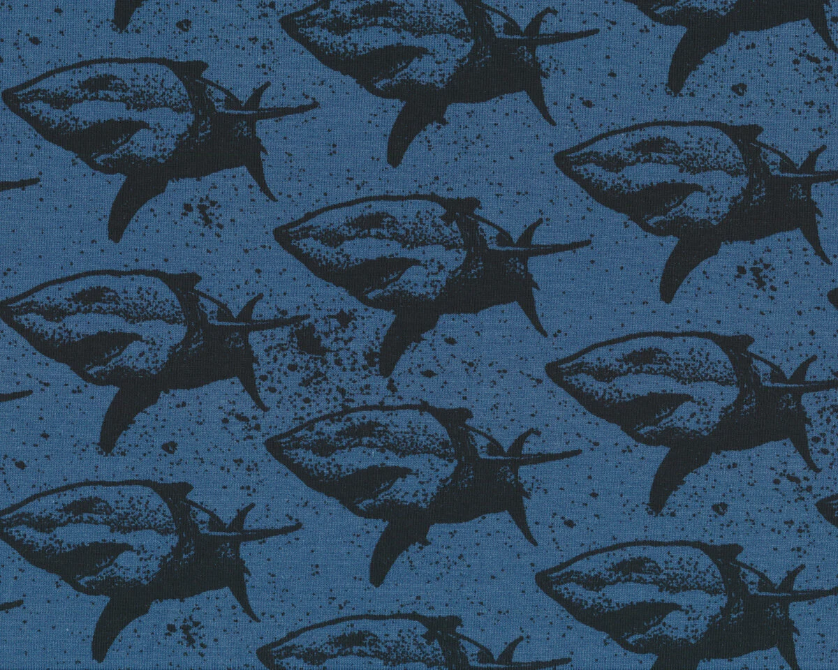 Baumwolljersey SHARKY, Haie, jeansblau