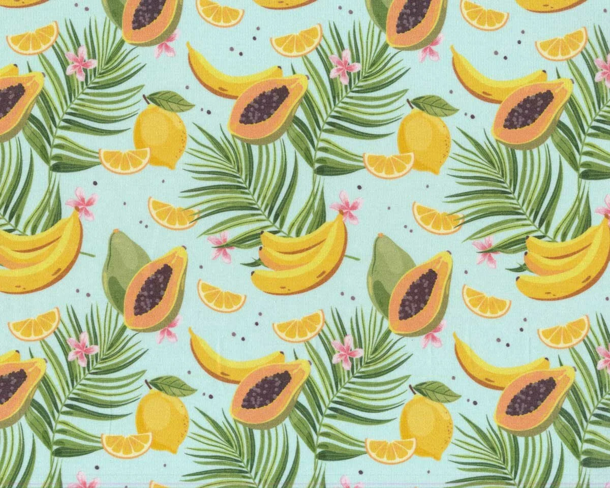 Baumwolljersey TROPICAL, tropische Früchte, mintgrün