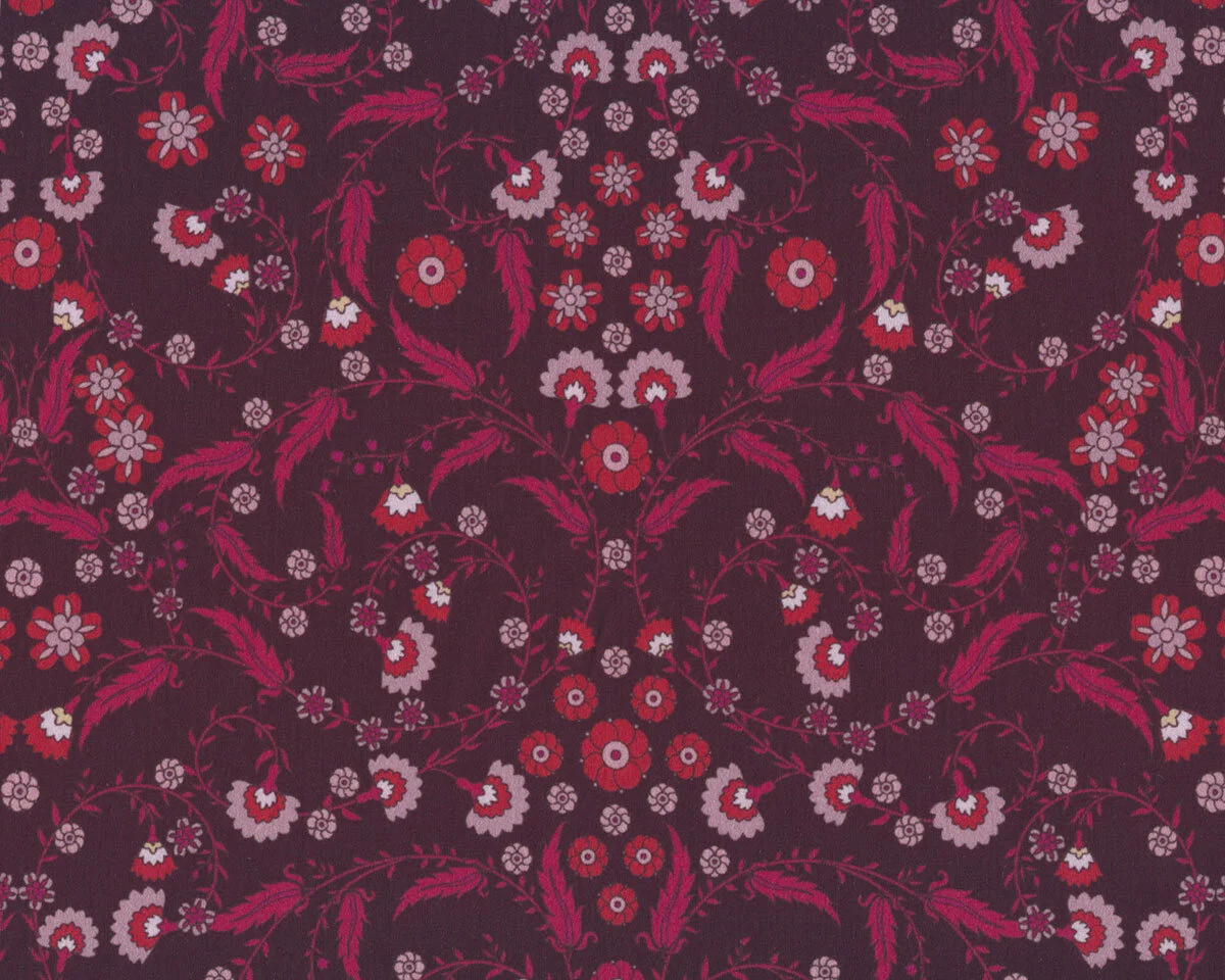 Baumwollstoff AVALANA, Blatt-Blüten-Ornament, aubergine