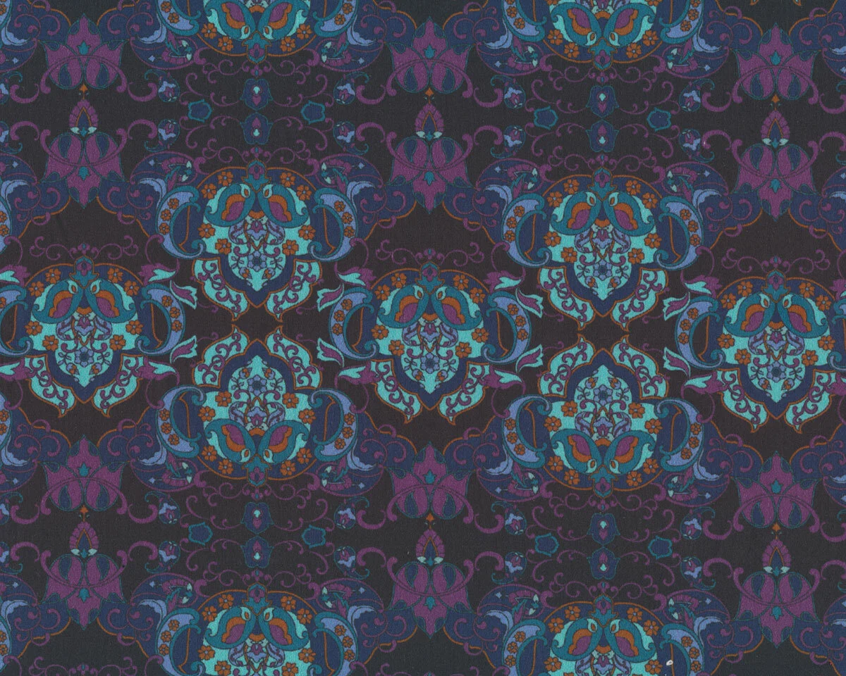 Baumwollstoff AVALANA, Paisleyblüten-Muster, lila-türkis