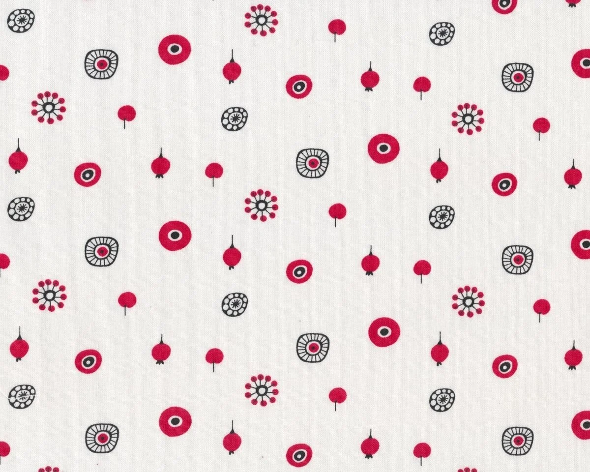 Baumwollstoff BERRY, Beeren und Comic-Blüten, weiß-rot