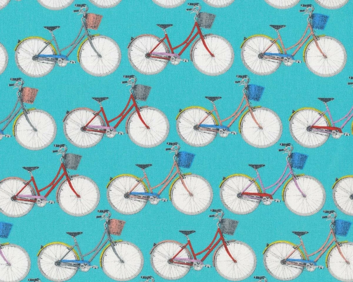 Baumwollstoff DRAHTESEL, Fahrräder, türkis-taubenblau