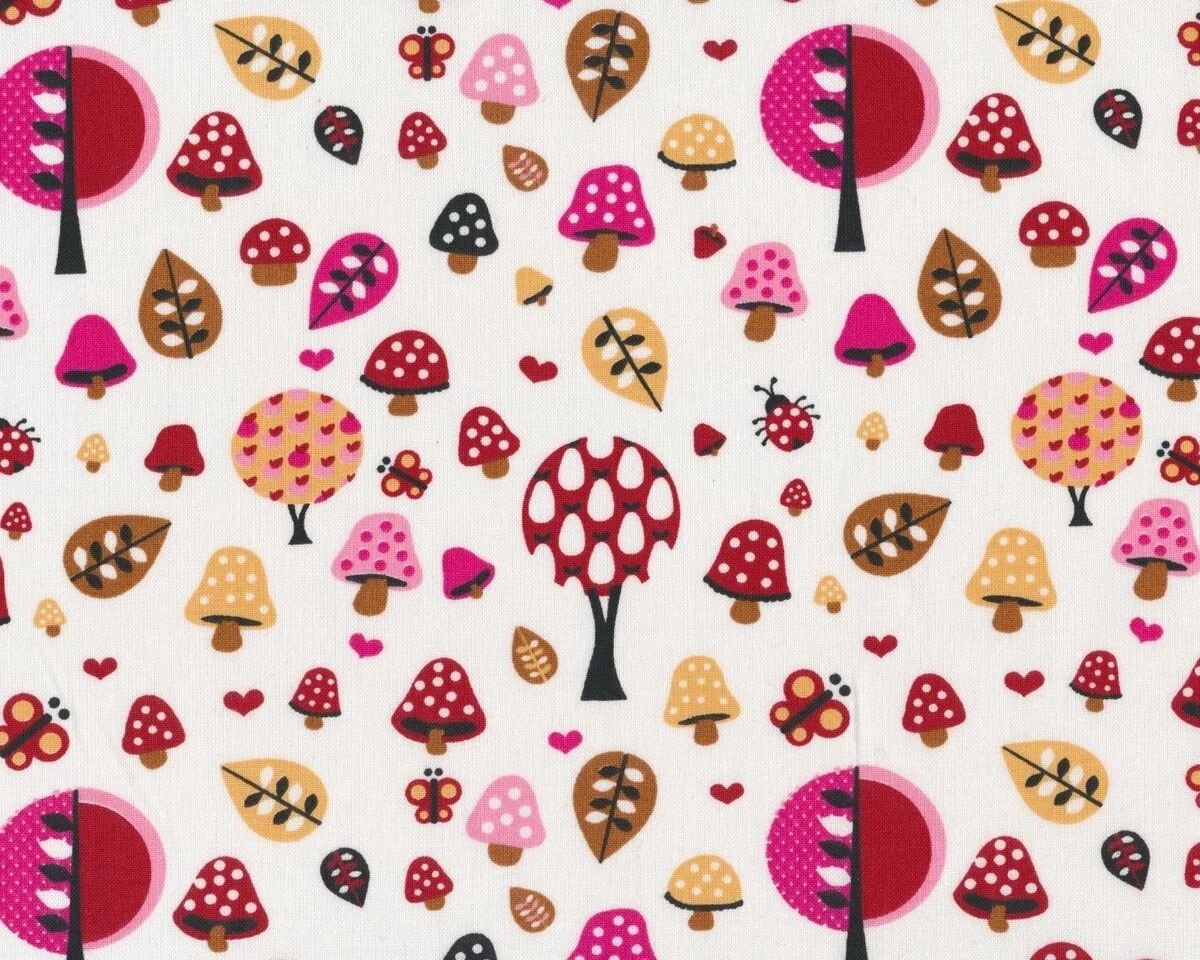 Baumwollstoff HERBSTWALD, Kugelbäume und Blätter, weiß-pink