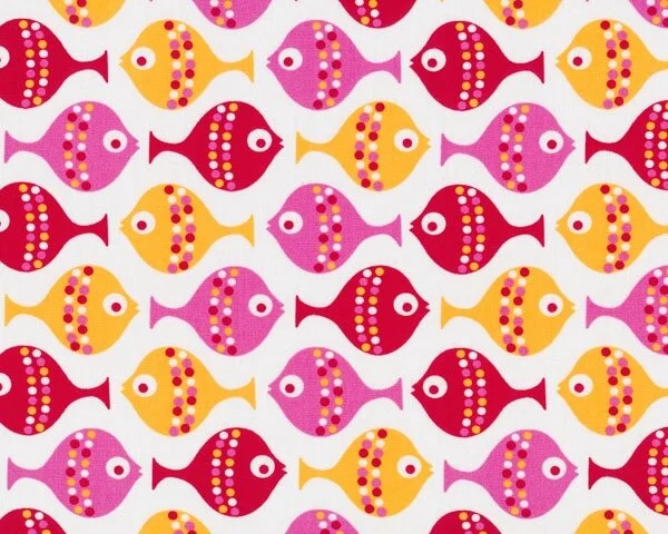 Baumwollstoff KID'S FISH, Fischlein, dunkelrot-gelb
