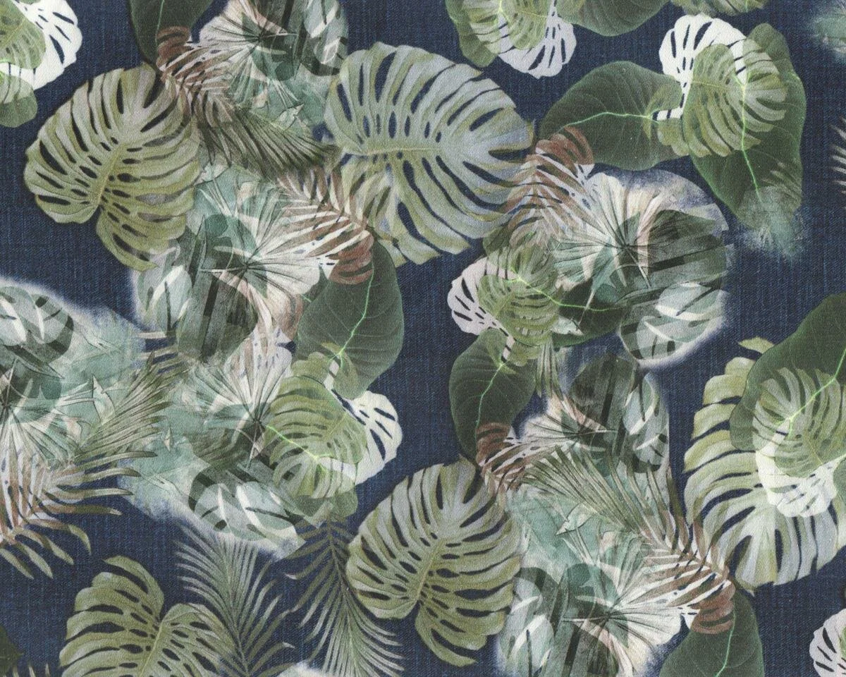 Baumwollstoff mit Stretch ROWINA, Jeans-Monstera, dunkles jeansblau-moosgrün