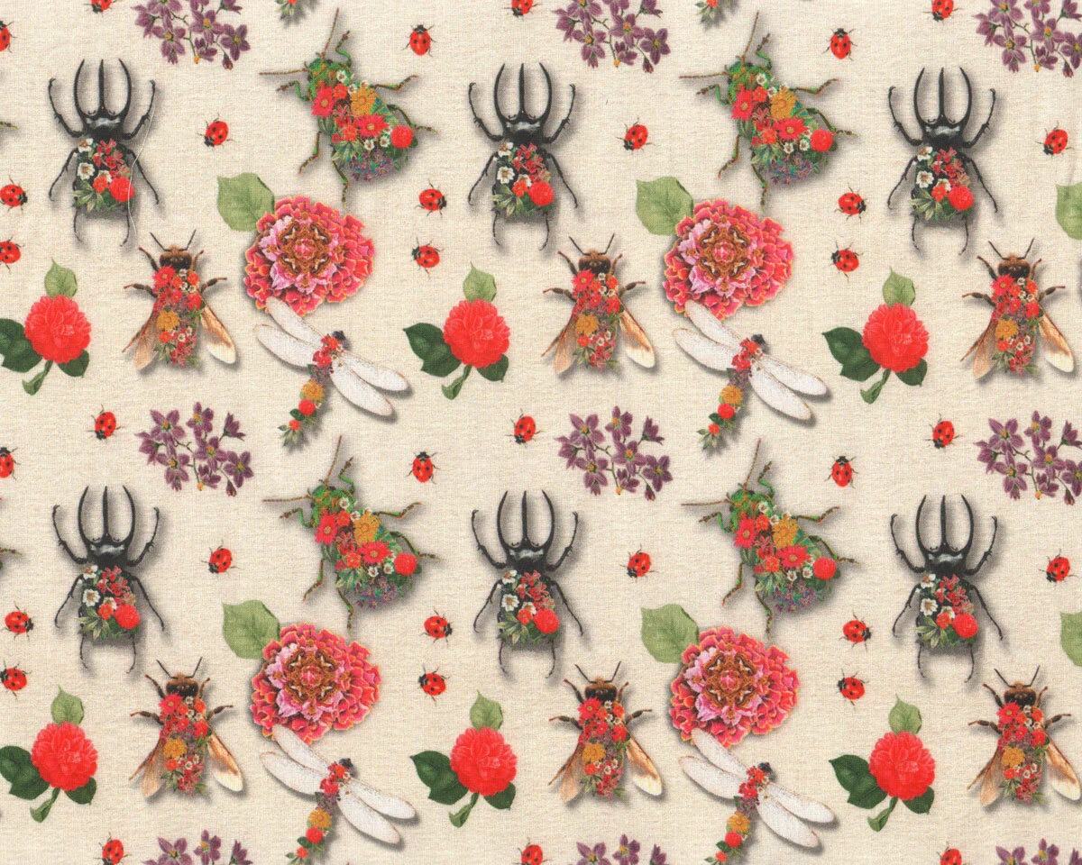 Deko-Baumwollstoff COLEOPE, Hirschkäfer mit Blümchen