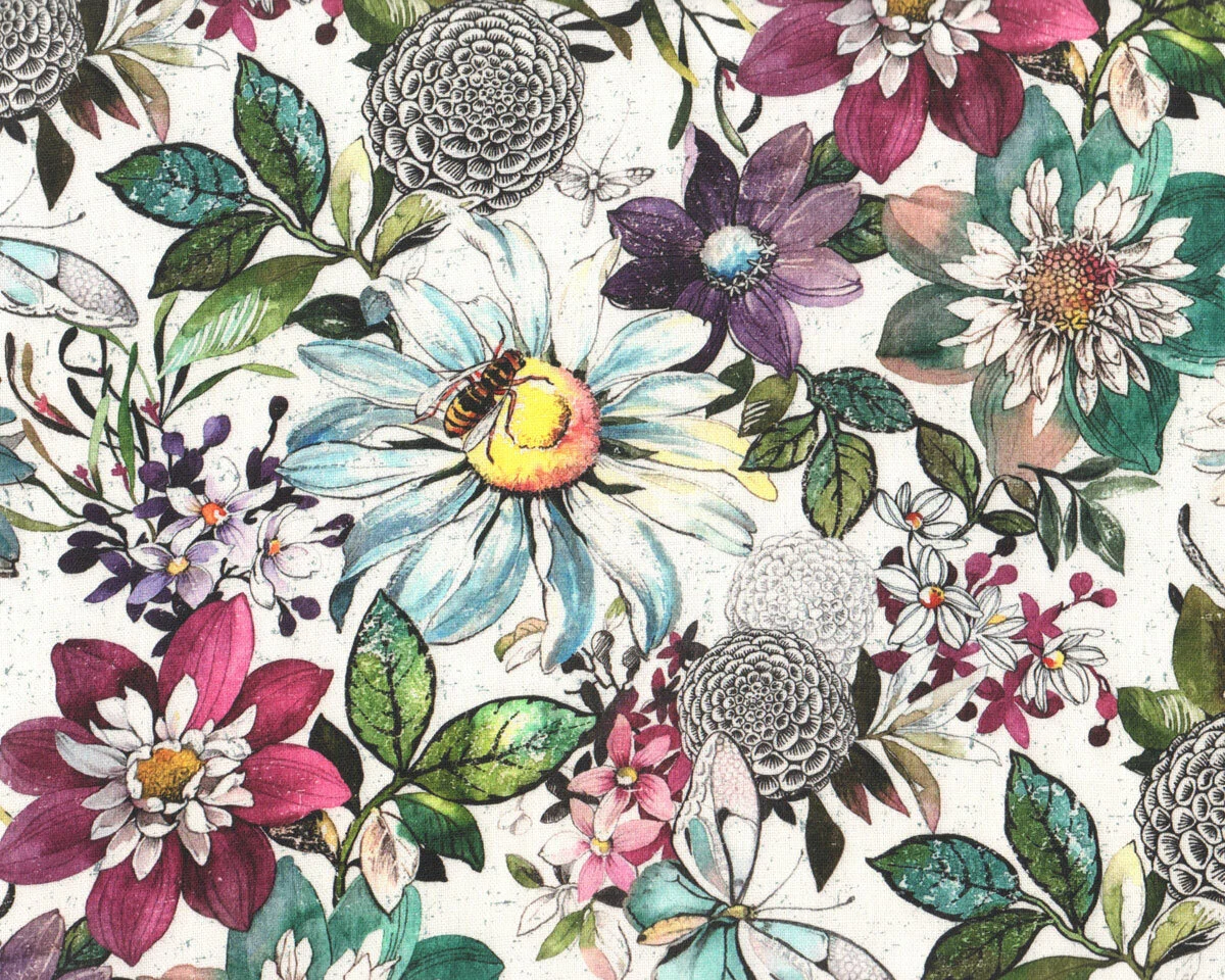 Deko-Baumwollstoff MARGOT, Blüten mit Insekten