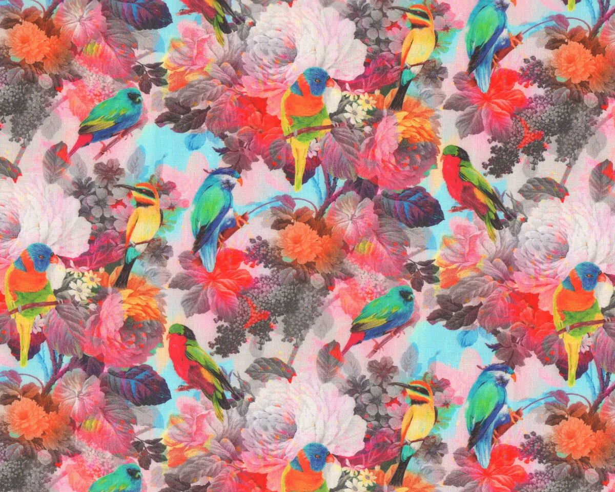 Deko-Baumwollstoff WATERCOLOR, exotische Vögel und Blumen