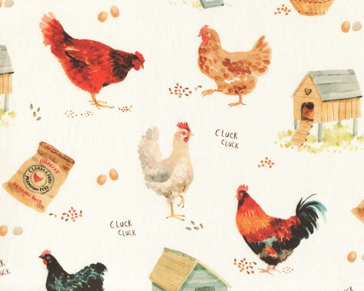 Dekostoff CLUCK CLUCK, Hühner, wollweiß, Clarke & Clarke