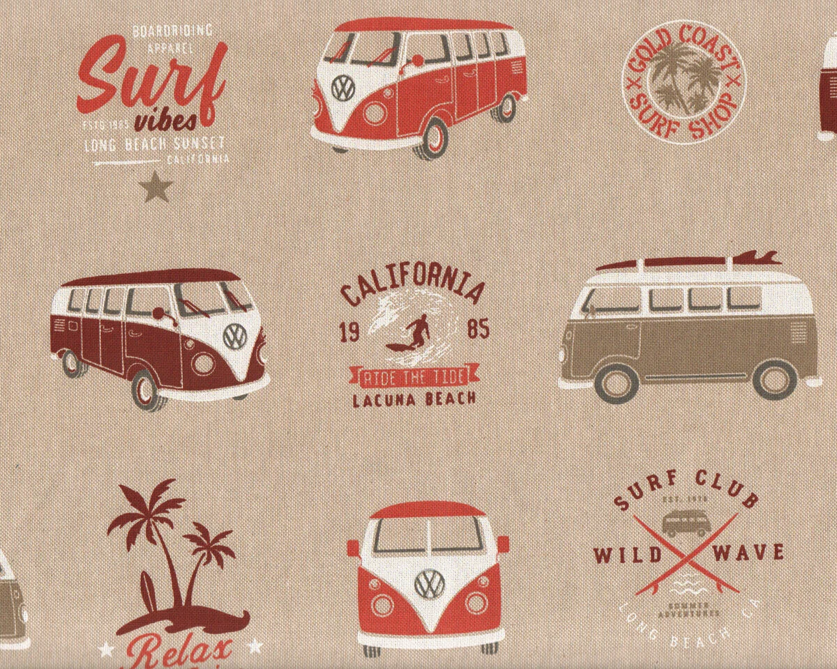 Dekostoff EMILIO, Malibu Beach mit Bulli, natur-rot