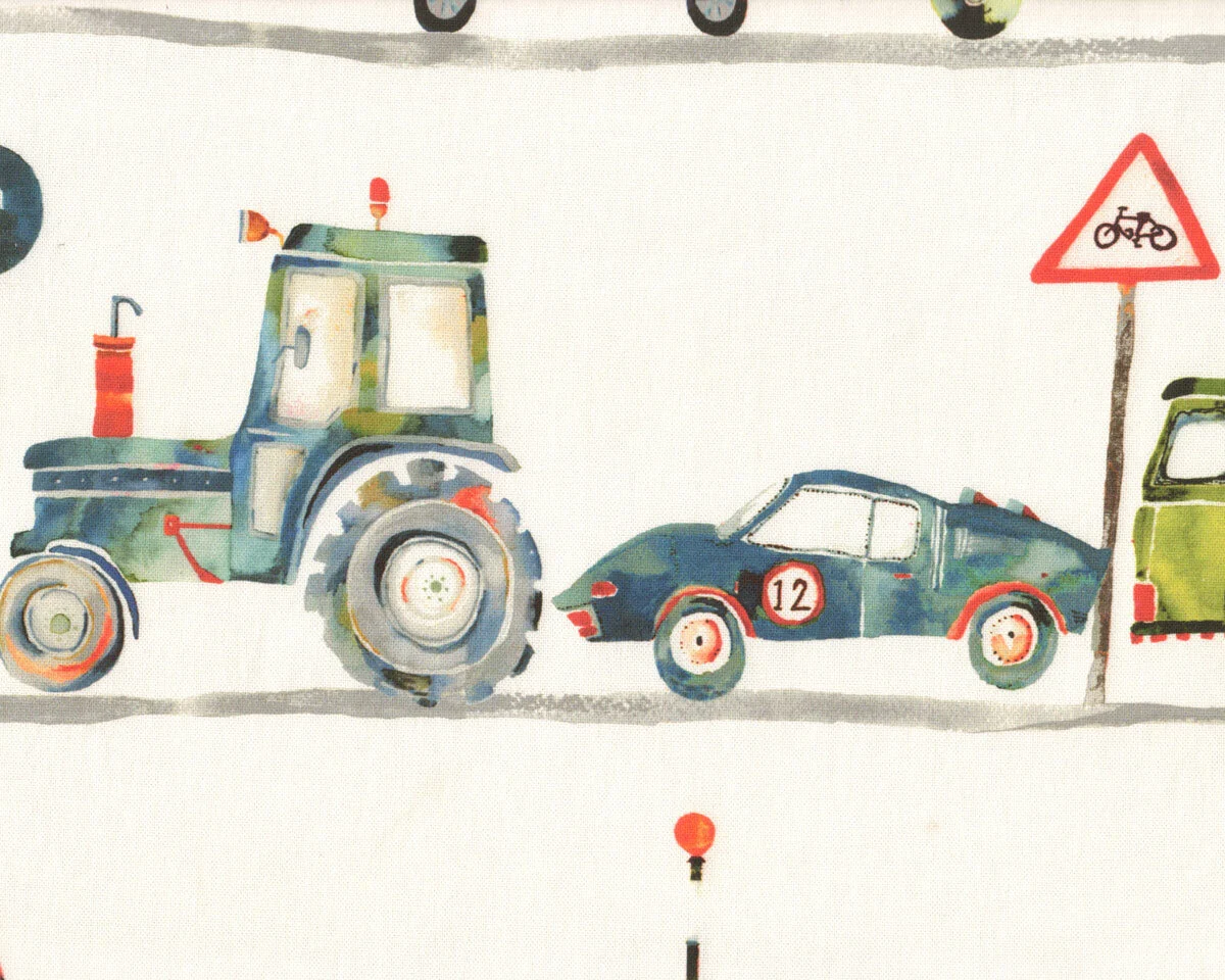 Dekostoff MY WORLD, Autos und Bagger, wollweiß, Clarke & Clarke